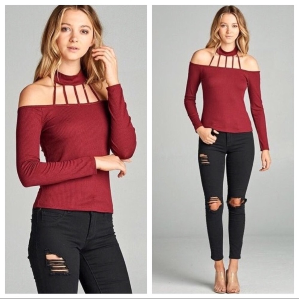 🔥HP 1-9 awesome Molly cold shoulder caged ribbed burgundy choker long sleeve